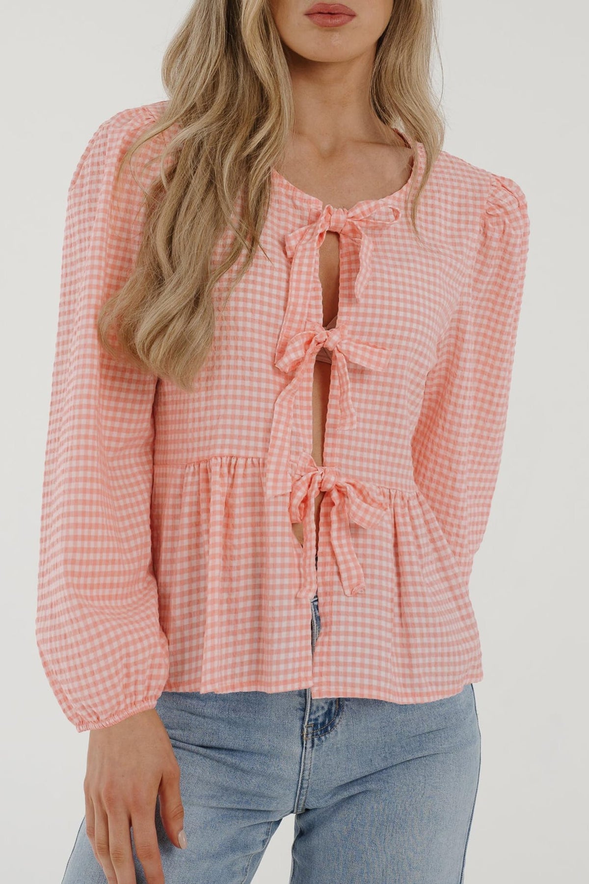 Babydoll Peplum Blouse Shirt Puff Long Sleeve Bow Tie Front Trendy Cute Y2K Going Out Tops