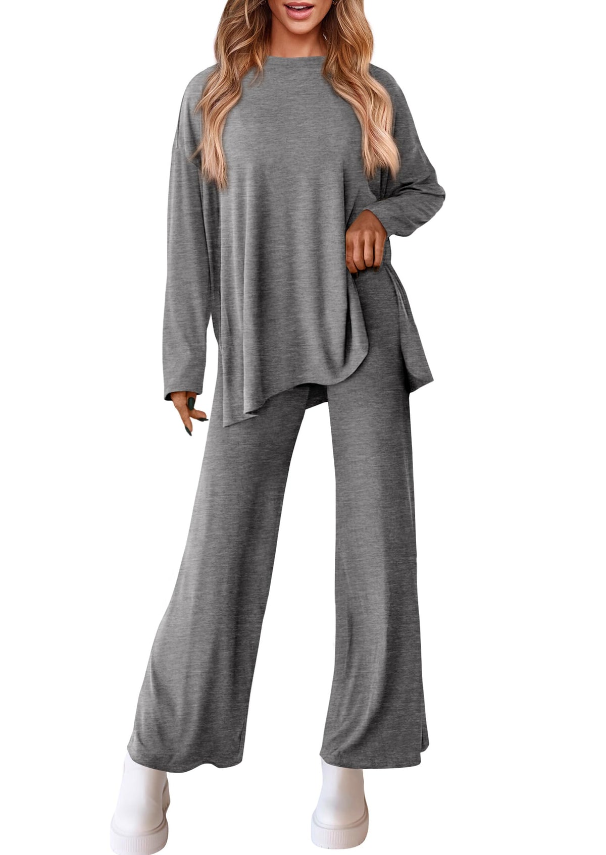 Women's Fall Two Piece Outfits Matching Lounge Sets Long Sleeve High Low Tops T Shirts Wide Leg Pants Tracksuits