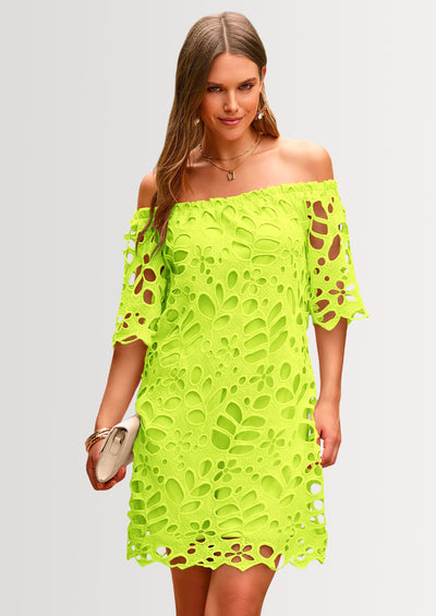 PRETTYGARDEN Women's Summer Off Shoulder Dresses Floral Lace Flare Short Sleeve Spring Vintage Elegant Mini Dress