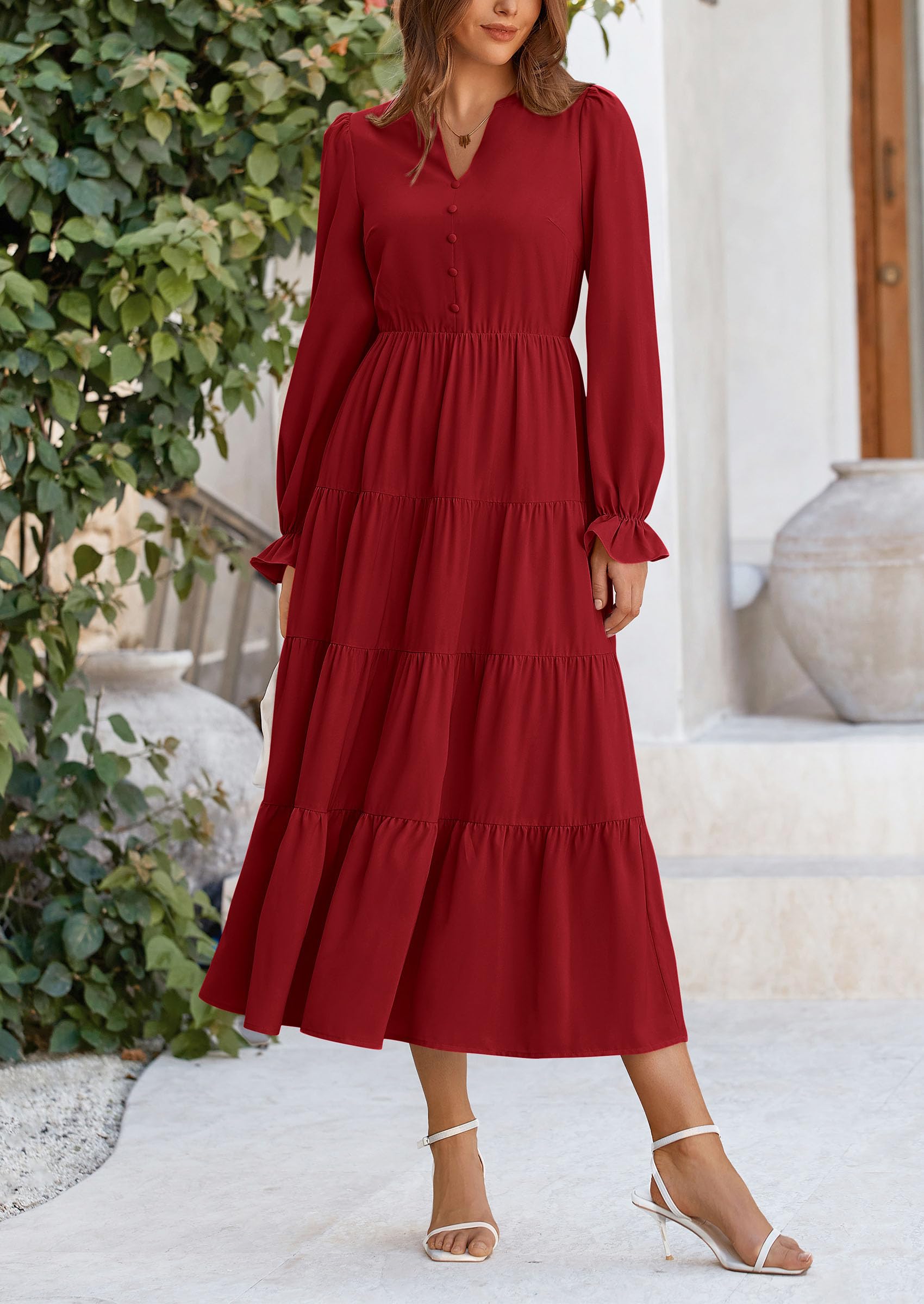 PRETTYGARDEN Women Fall Long Sleeve Smocked Maxi Dress Casual Square Neck Swiss Dot Tiered Ruffle Flowy Spring Pocket Dresses