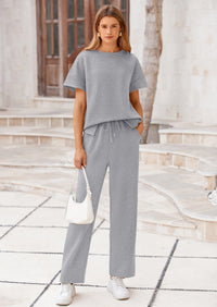 PRETTYGARDEN 2 Piece Outfits For Women Casual Tracksuit Short Sleeve Tops And Wide Leg Long Pants Matching Lounge Sets