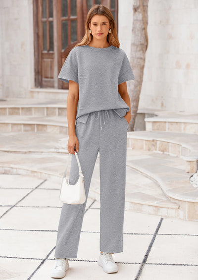 PRETTYGARDEN 2 Piece Outfits For Women Casual Tracksuit Short Sleeve Tops And Wide Leg Long Pants Matching Lounge Sets