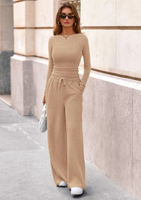 PRETTYGARDEN Women's 2 Piece Lounge Sets Fall Fashion Long Sleeve Crop Top Wide Leg Pants Matching Sets Clothing