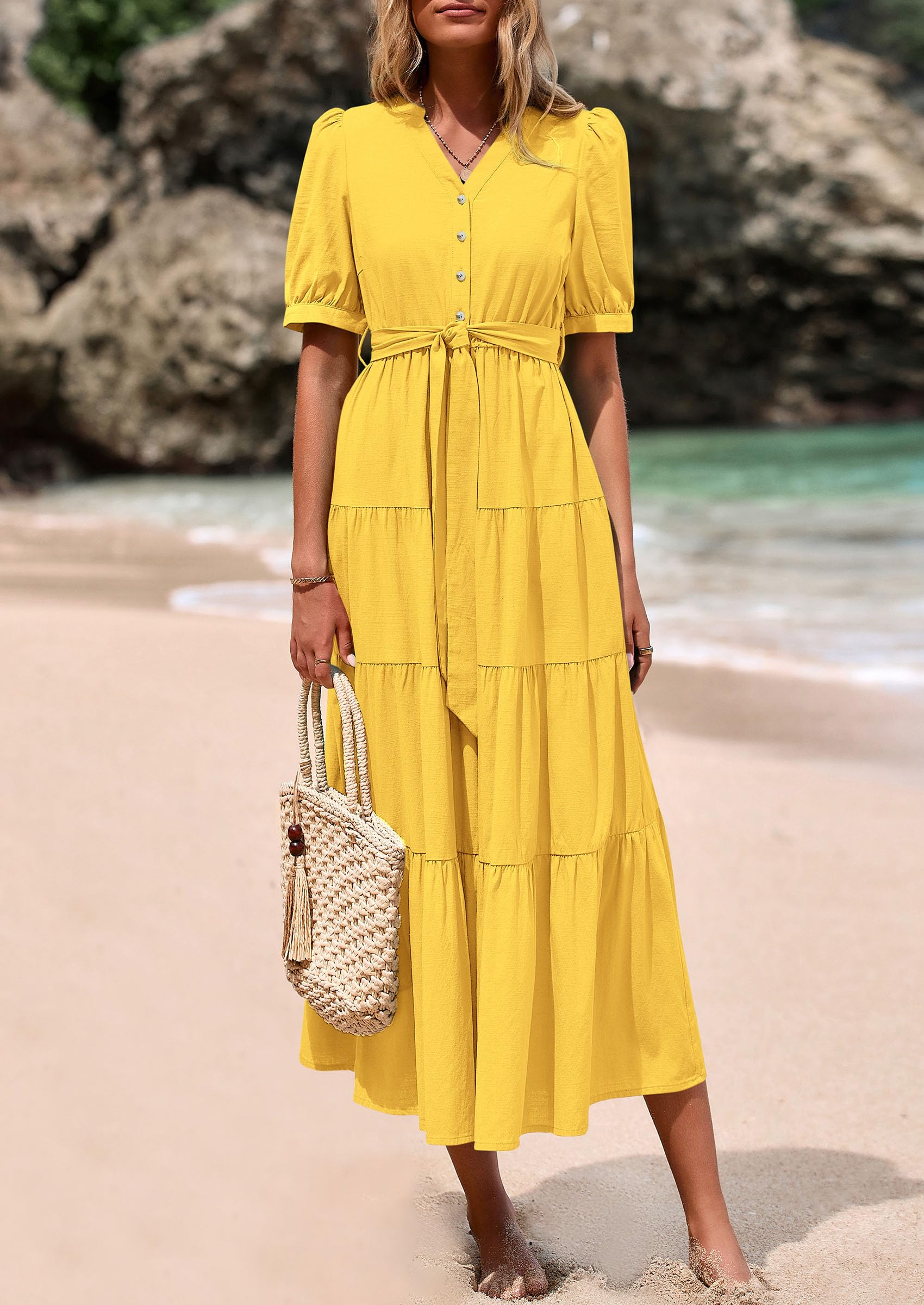 PRETTYGARDEN Women's Midi Dress Casual Short Sleeve V Neck Buttons Belted Ruffle A Line Flowy Dress with Pockets