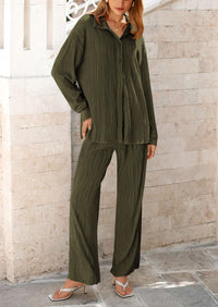 PRETTYGARDEN 2 Piece Textured Sets Casual Button Down Shirt Wide Leg Pants Outfit Loungewear Tracksuit