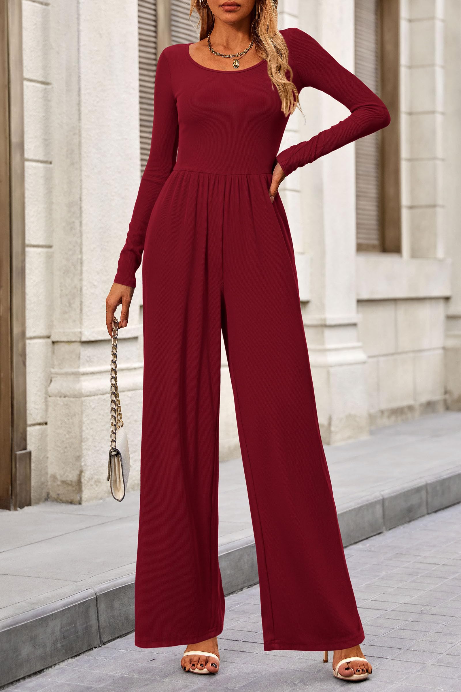 PRETTYGARDEN Fashion Jumpsuits Dressy Casual Long Sleeve Wide Leg Ribbed Knit Rompers