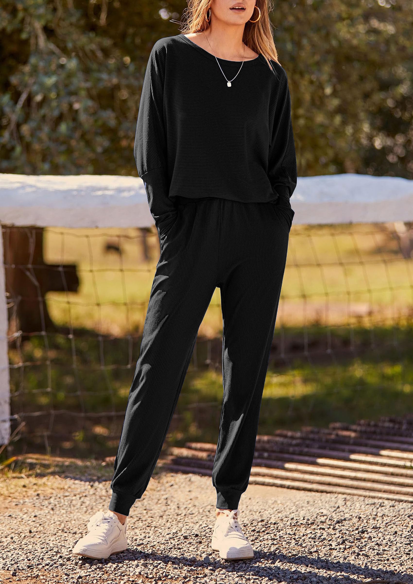 PRETTYGARDEN Women's Fall 2 Piece Lounge Set Long Sleeve Tops Ribbed Pants Spring Matching Sweatsuit Travel Outfits Clothes