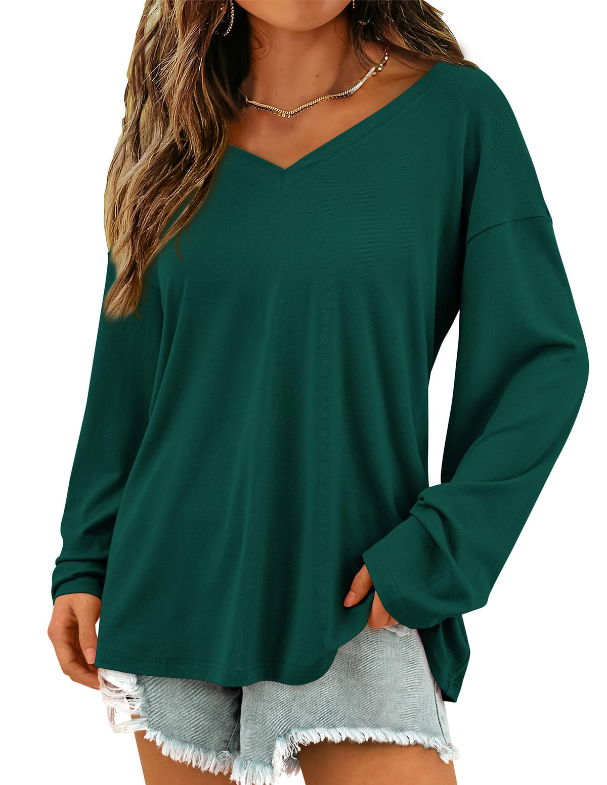 Fall Fashion Casual Long Sleeve V Neck Tunic Loose Basic T-shirts