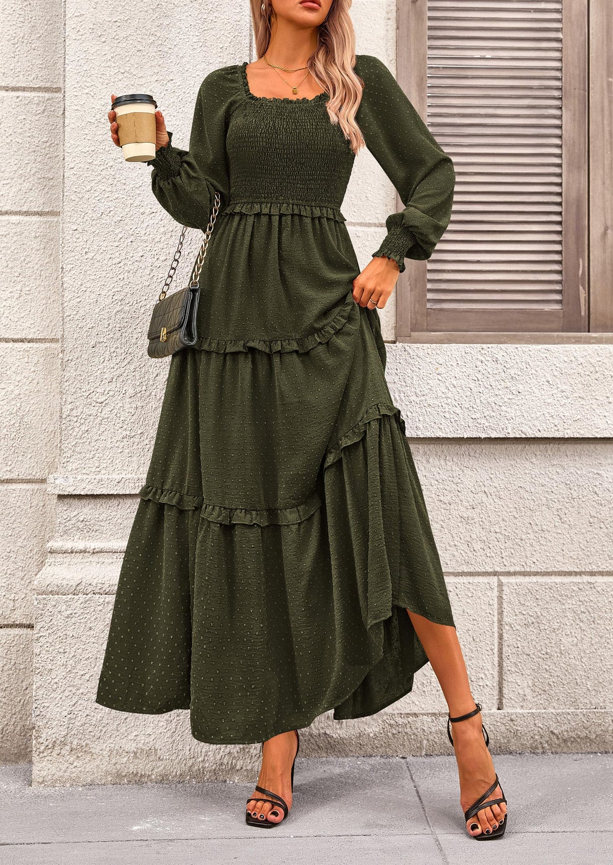 Women's Long Sleeve Smocked Maxi Dress Casual Square Neck Swiss Dot Tiered Ruffle Flowy Pocket Dresses