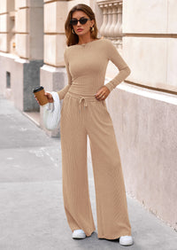 PRETTYGARDEN Women's 2 Piece Lounge Sets Fall Fashion Long Sleeve Crop Top Wide Leg Pants Matching Sets Clothing