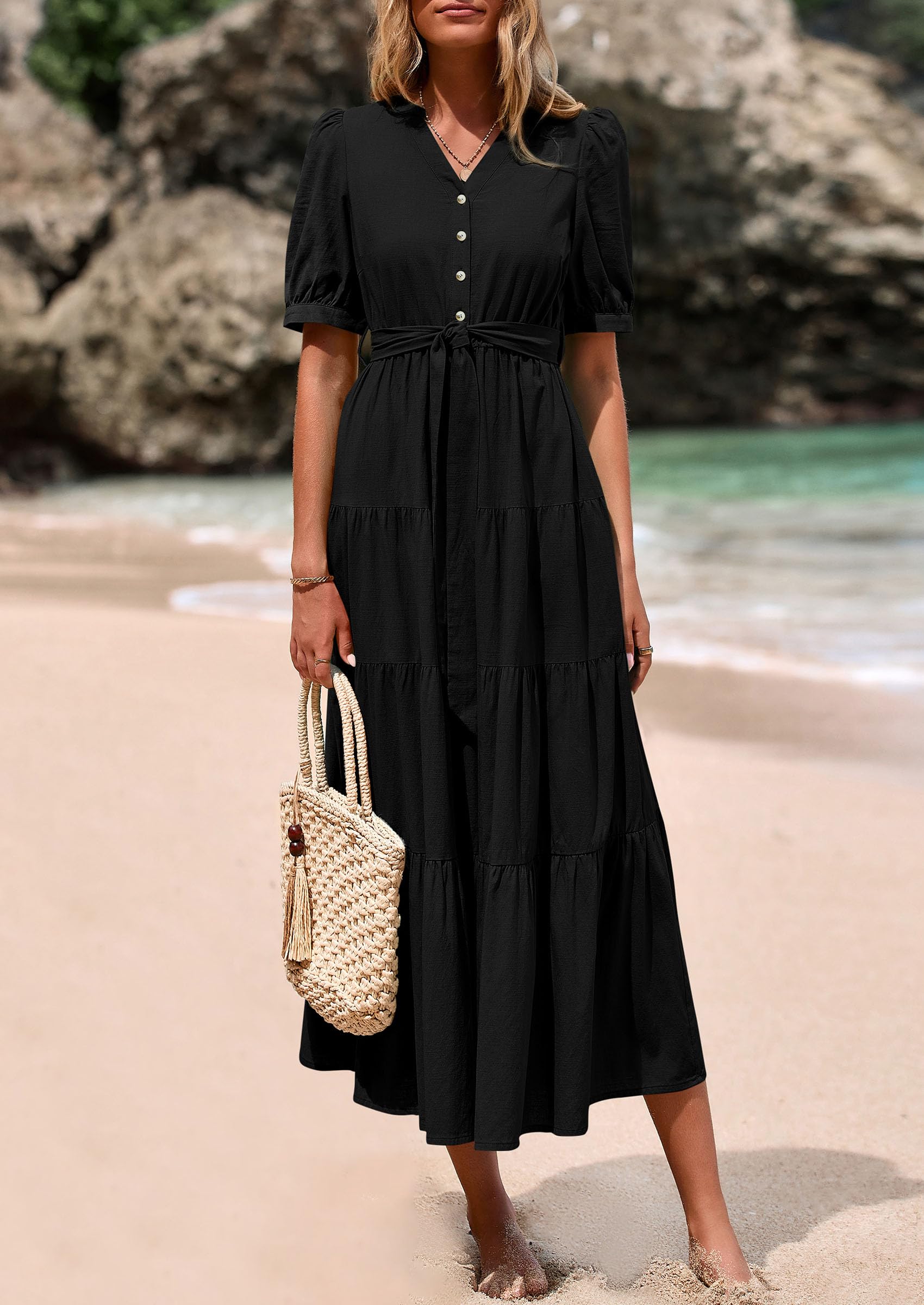 PRETTYGARDEN Women's Midi Dress Casual Short Sleeve V Neck Buttons Belted Ruffle A Line Flowy Dress with Pockets