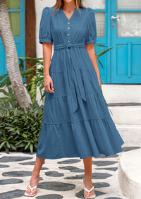 PRETTYGARDEN Women's Midi Dress Casual Short Sleeve V Neck Buttons Belted Ruffle A Line Flowy Dress with Pockets