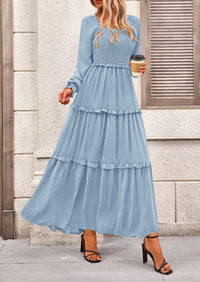 Women's Long Sleeve Smocked Maxi Dress Casual Square Neck Swiss Dot Tiered Ruffle Flowy Pocket Dresses