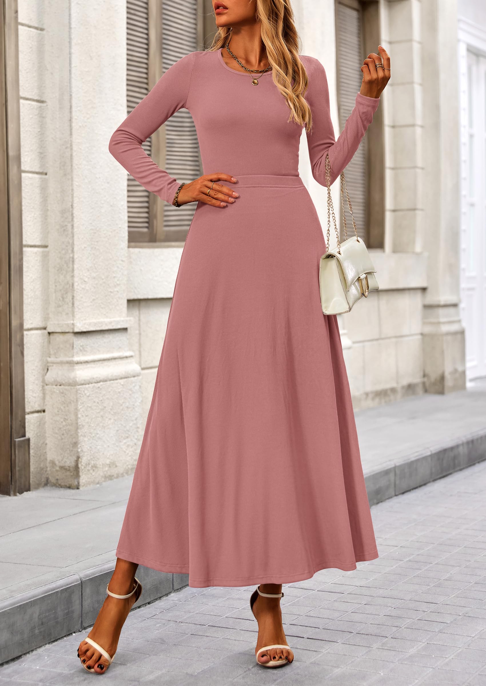 PRETTYGARDEN 2 Piece Casual Ribbed Knit Long Sleeve Crop Tops Maxi Flowy Skirts Matching Sets