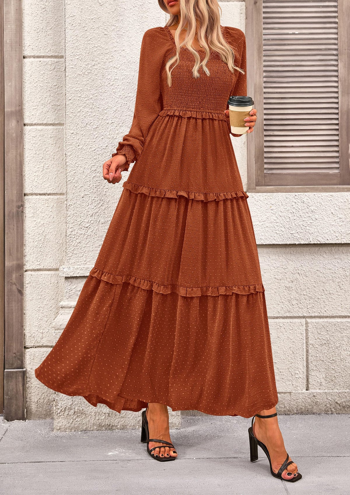 Women's Long Sleeve Smocked Maxi Dress Casual Square Neck Swiss Dot Tiered Ruffle Flowy Pocket Dresses