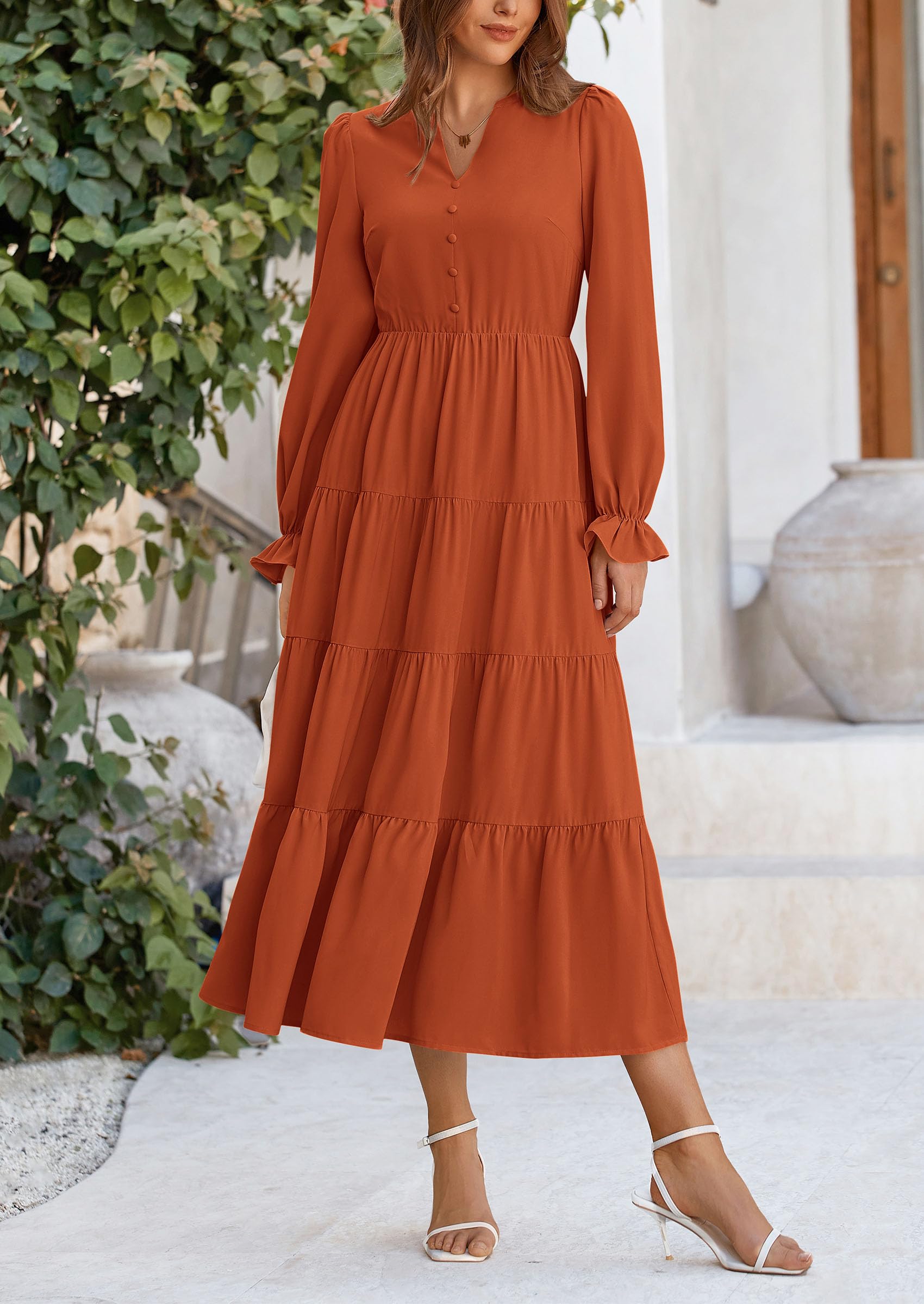 PRETTYGARDEN Women Fall Long Sleeve Smocked Maxi Dress Casual Square Neck Swiss Dot Tiered Ruffle Flowy Spring Pocket Dresses