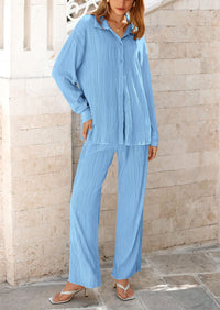 PRETTYGARDEN 2 Piece Textured Sets Casual Button Down Shirt Wide Leg Pants Outfit Loungewear Tracksuit