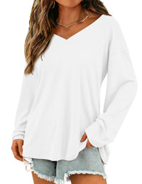 Fall Fashion Casual Long Sleeve V Neck Tunic Loose Basic T-shirts