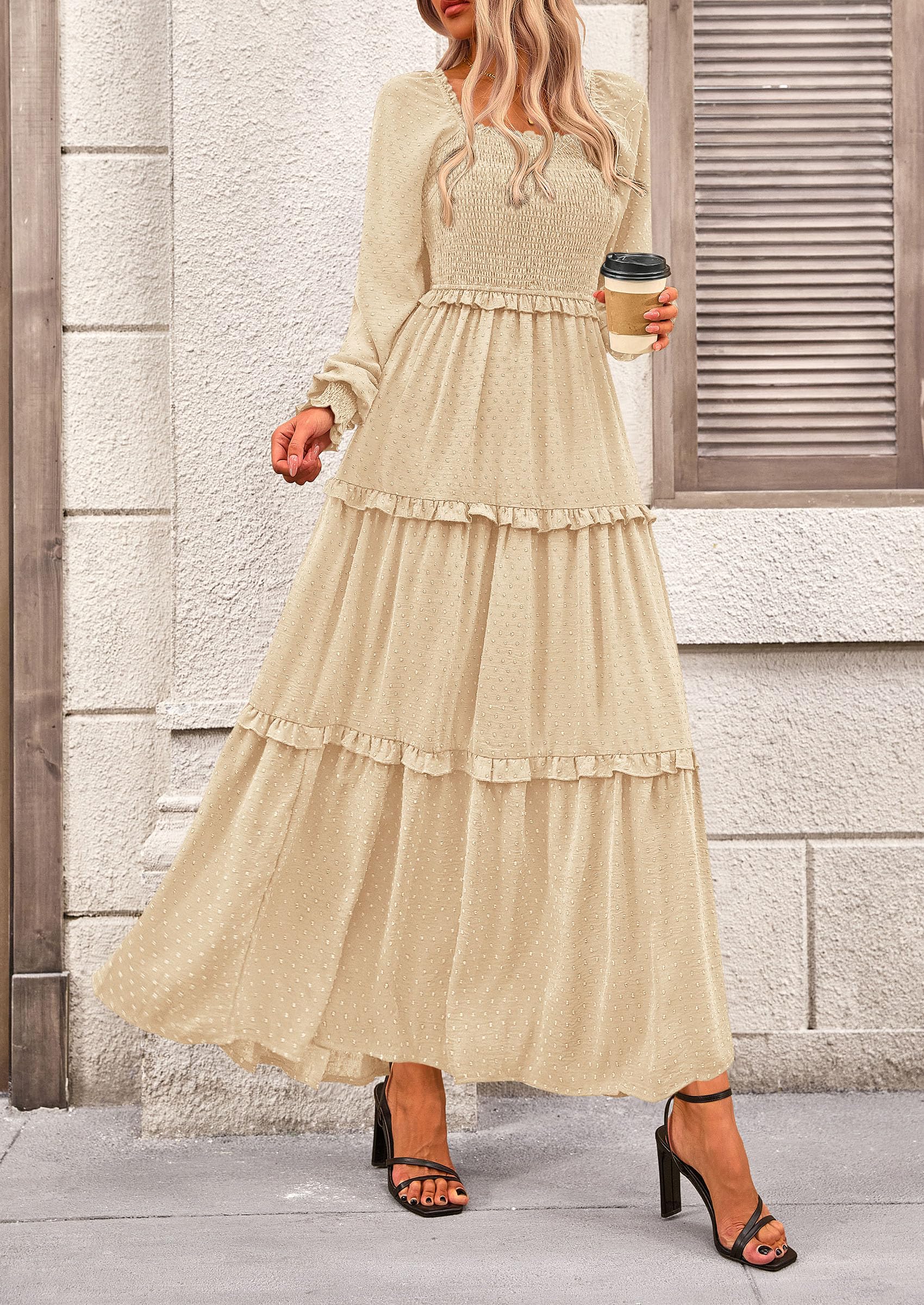 PRETTYGARDEN Women Fall Long Sleeve Smocked Maxi Dress Casual Square Neck Swiss Dot Tiered Ruffle Flowy Spring Pocket Dresses