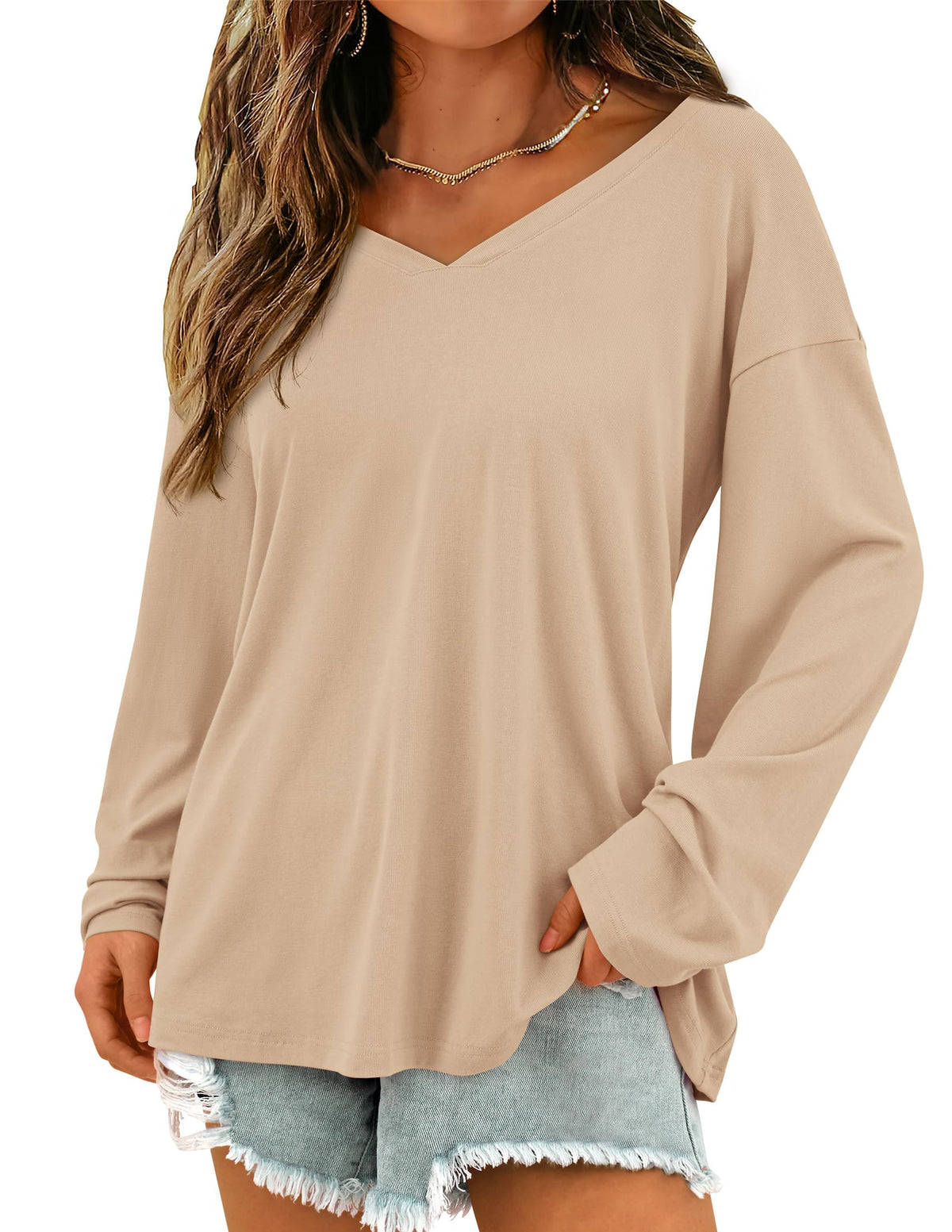 Fall Fashion Casual Long Sleeve V Neck Tunic Loose Basic T-shirts