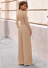 PRETTYGARDEN Women's 2 Piece Lounge Sets Fall Fashion Long Sleeve Crop Top Wide Leg Pants Matching Sets Clothing