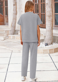 PRETTYGARDEN 2 Piece Outfits For Women Casual Tracksuit Short Sleeve Tops And Wide Leg Long Pants Matching Lounge Sets
