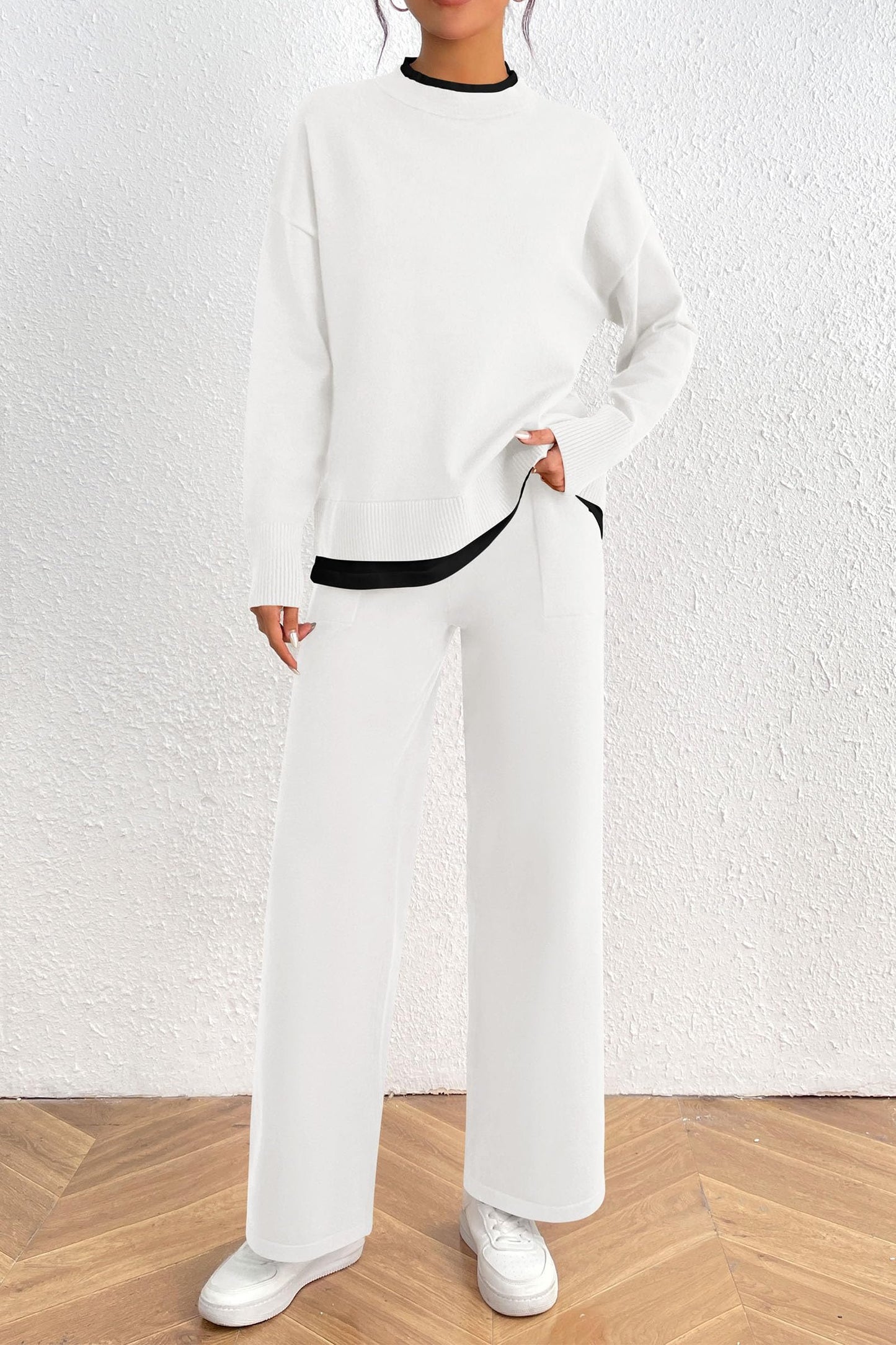 Fall 2 Piece Lounge Sets Long Sleeve Pullover Sweater Wide Leg Pants Matching Outfits Tracksuits