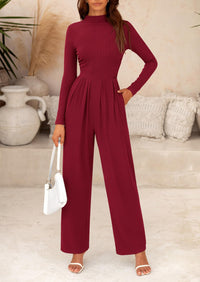 Women's Jumpsuit Dressy Casual One Piece Outfits Long Sleeve Mock Neck Wide Leg Pants Rompers