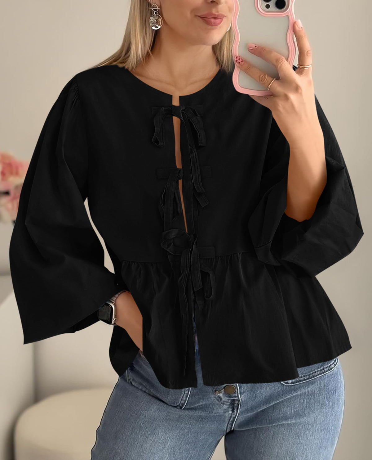 Women's Babydoll Peplum Blouse Shirt Puff Long Sleeve Bow Tie Front Trendy Cute Y2K Going Out Tops