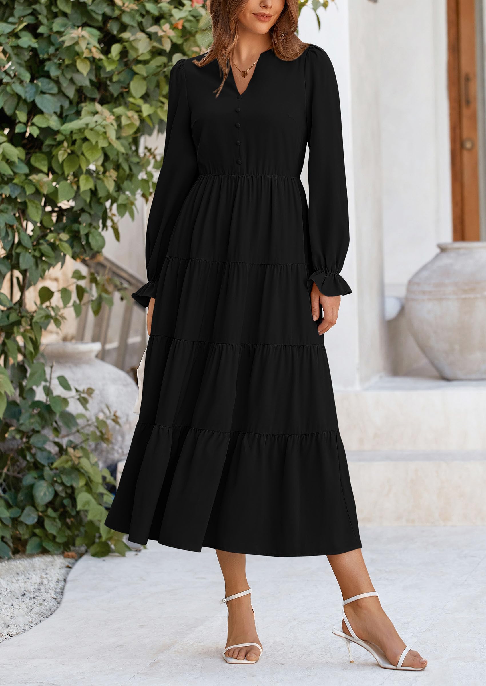 PRETTYGARDEN Women Fall Long Sleeve Smocked Maxi Dress Casual Square Neck Swiss Dot Tiered Ruffle Flowy Spring Pocket Dresses