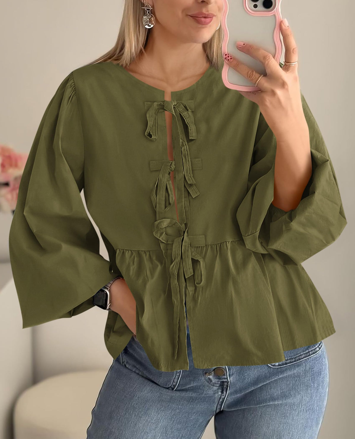 Women's Babydoll Peplum Blouse Shirt Puff Long Sleeve Bow Tie Front Trendy Cute Y2K Going Out Tops