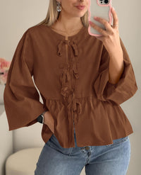 Women's Babydoll Peplum Blouse Shirt Puff Long Sleeve Bow Tie Front Trendy Cute Y2K Going Out Tops