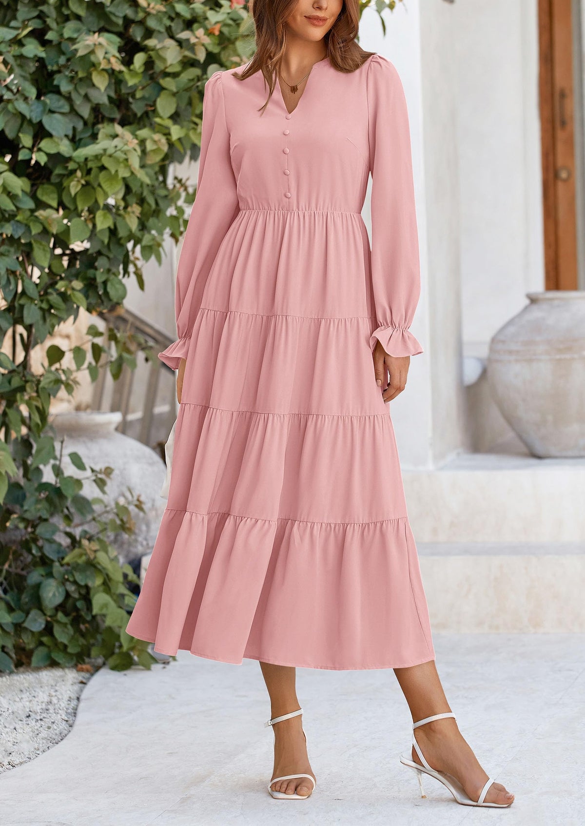 Women's Fall Maxi Dress Long Sleeve V Neck Tiered Ruffle Flowy A Line Cocktail Party Dresses