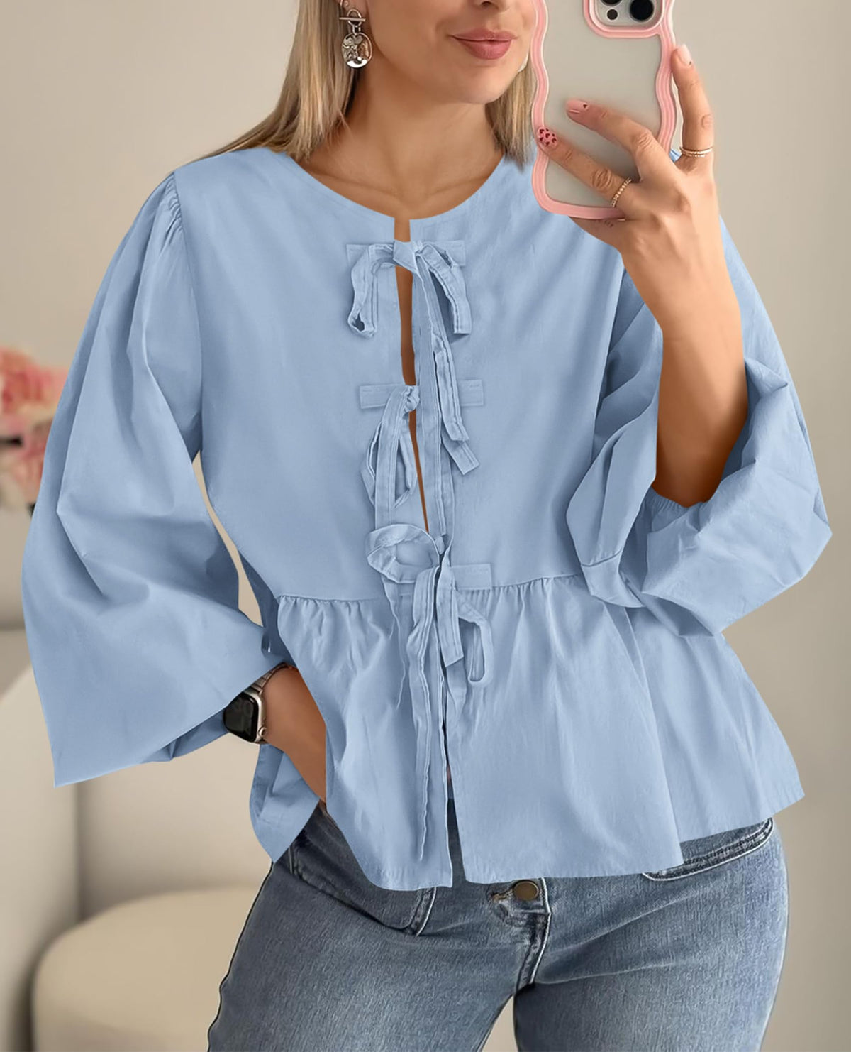 Women's Babydoll Peplum Blouse Shirt Puff Long Sleeve Bow Tie Front Trendy Cute Y2K Going Out Tops