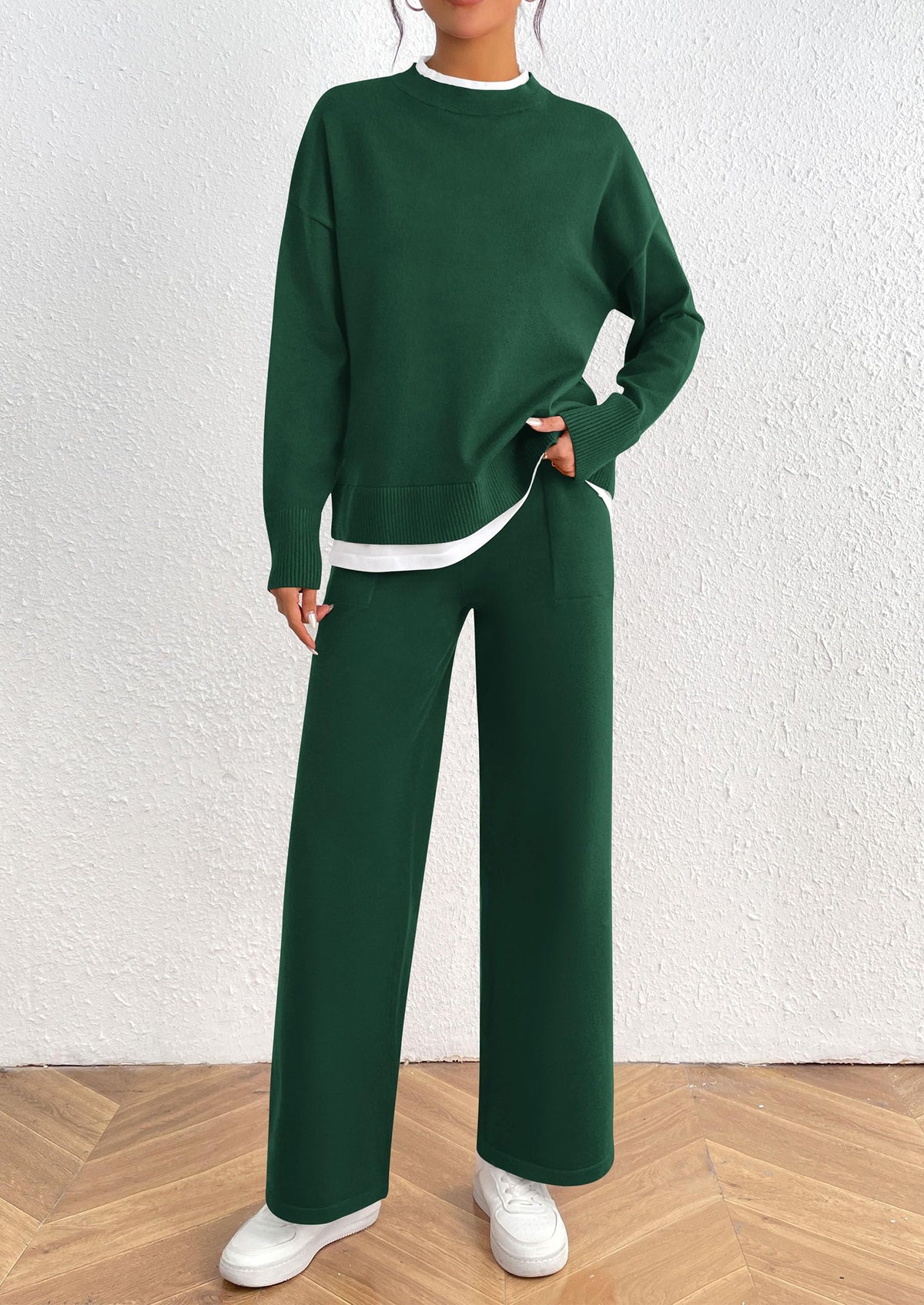 Fall 2 Piece Lounge Sets Long Sleeve Pullover Sweater Wide Leg Pants Matching Outfits Tracksuits