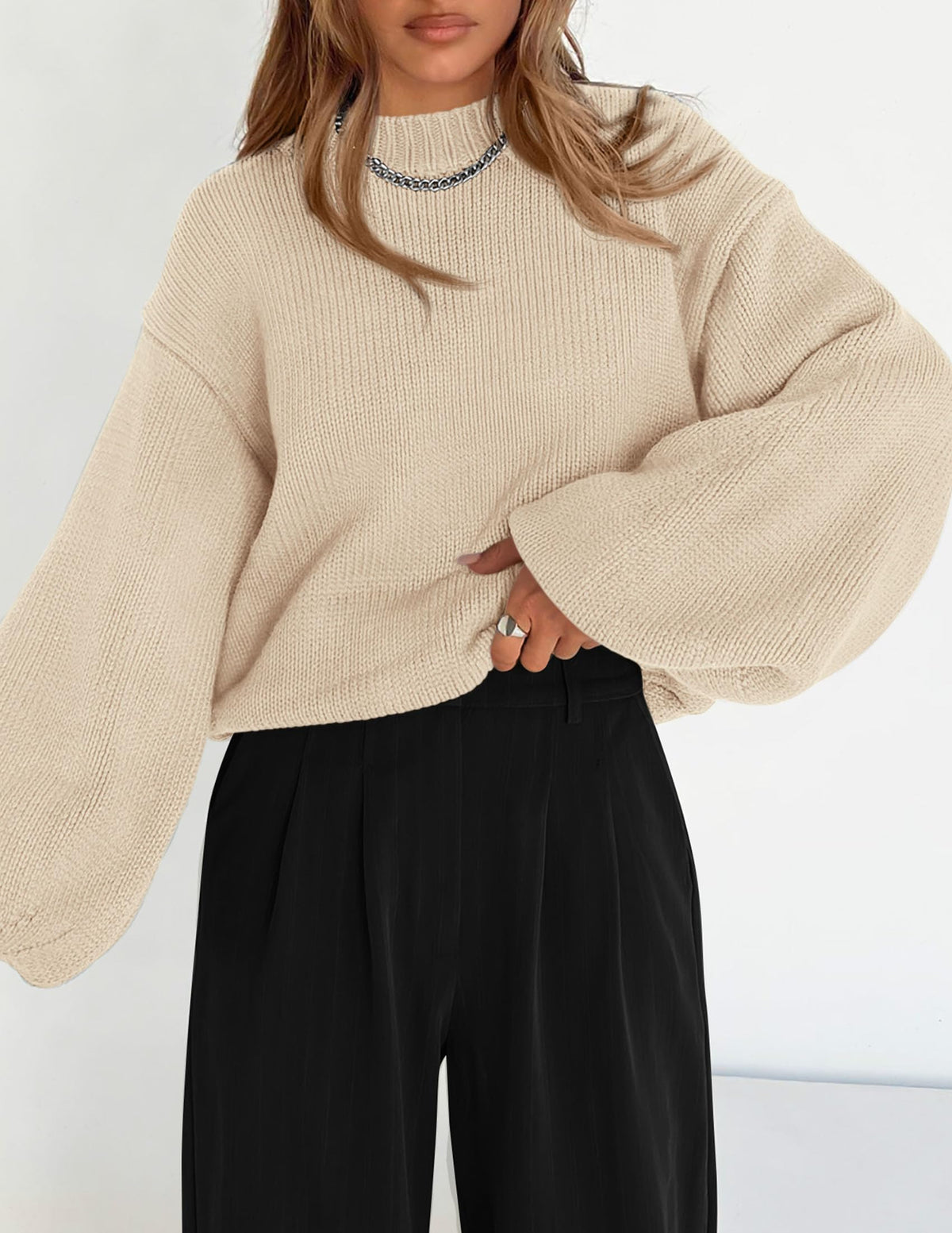 Women's 2024 Fall Chunky Knit Sweater Casual Long Lantern Sleeve Crewneck Pullover Jumper Tops