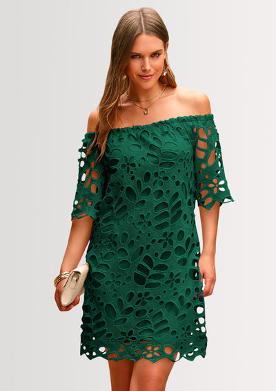 PRETTYGARDEN Women's Summer Off Shoulder Dresses Floral Lace Flare Short Sleeve Spring Vintage Elegant Mini Dress