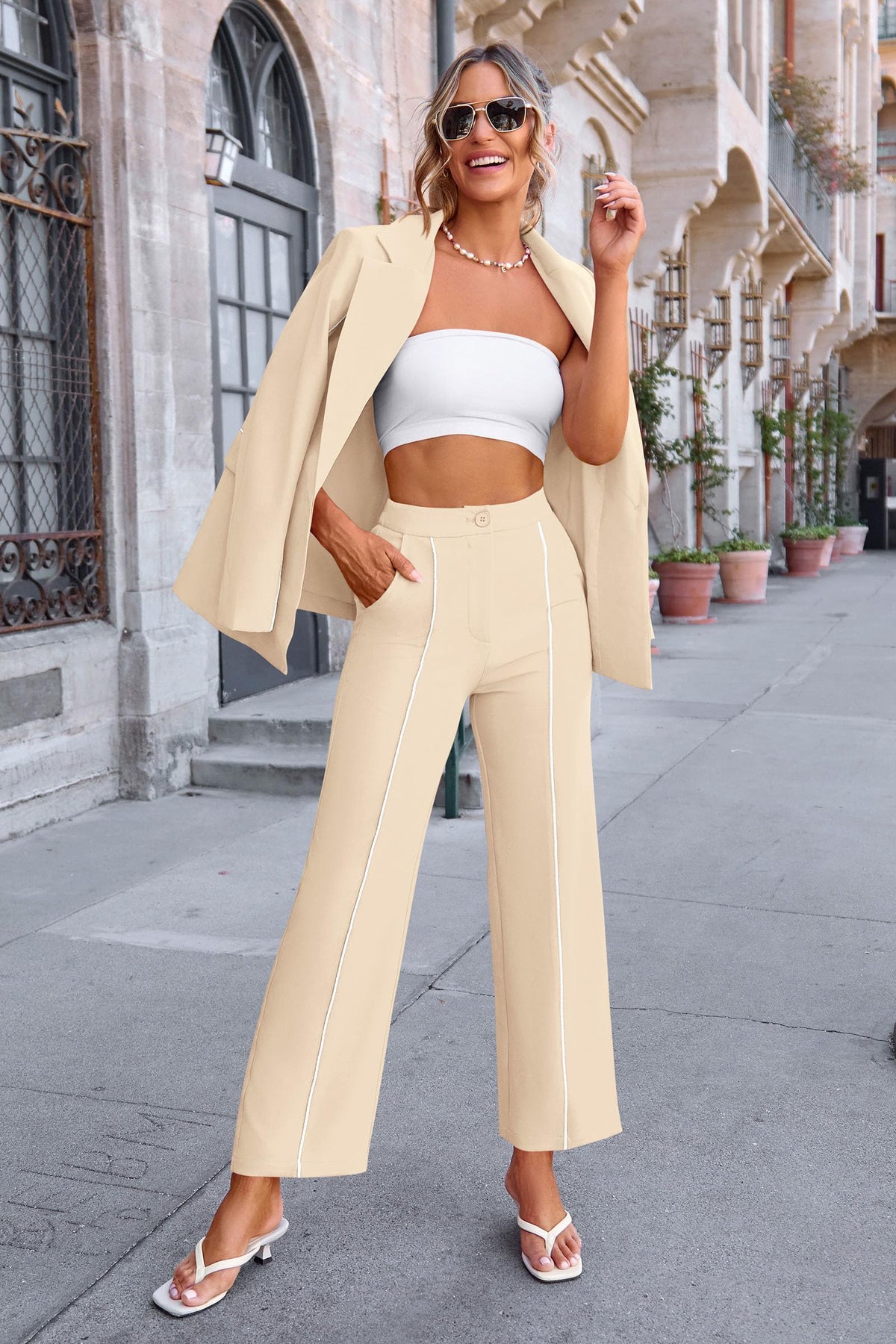 Women's Fall 2 Piece Blazer Outfits Business Casual Oversized Jacket Wide Leg Work Pants Dressy Suit Set