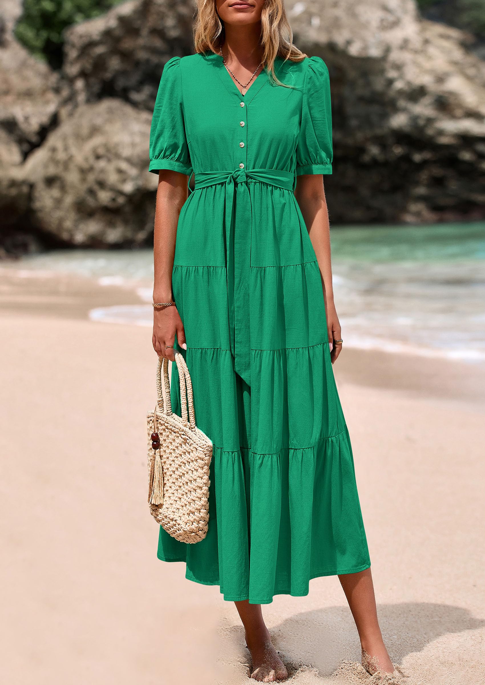 PRETTYGARDEN Women's Midi Dress Casual Short Sleeve V Neck Buttons Belted Ruffle A Line Flowy Dress with Pockets