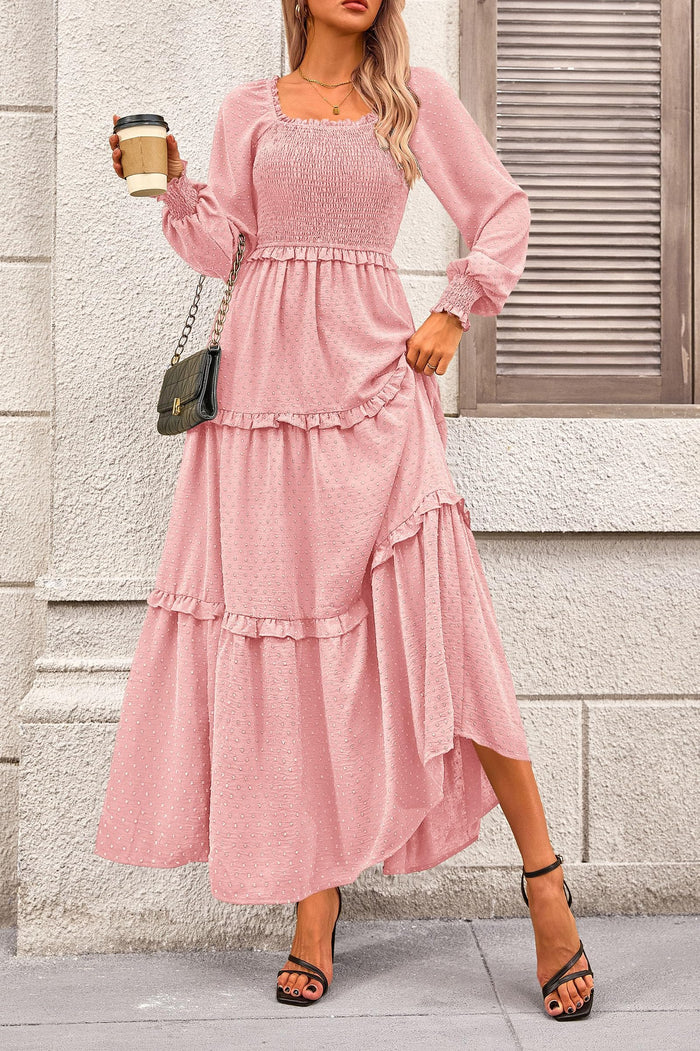 Women's Long Sleeve Smocked Maxi Dress Casual Square Neck Swiss Dot Tiered Ruffle Flowy Pocket Dresses