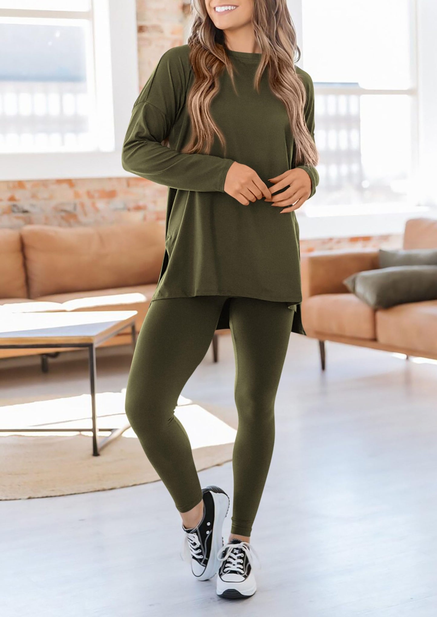 Fall 2 Piece Outfits Casual Long Sleeve Tunic Tops Legging Pants Matching Lounge Sets Sweatsuits