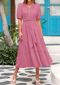 PRETTYGARDEN Women's Midi Dress Casual Short Sleeve V Neck Buttons Belted Ruffle A Line Flowy Dress with Pockets
