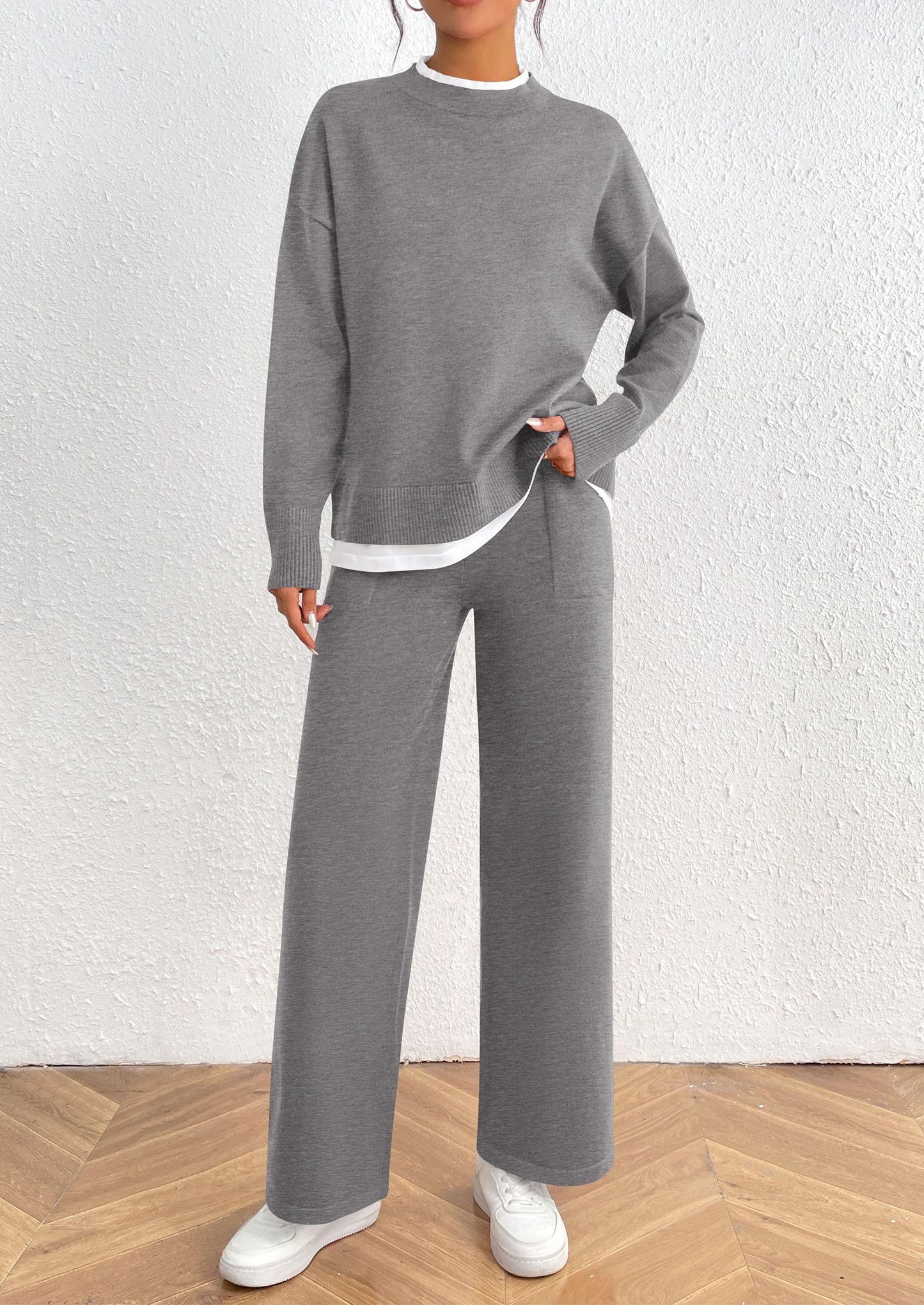 Fall 2 Piece Lounge Sets Long Sleeve Pullover Sweater Wide Leg Pants Matching Outfits Tracksuits