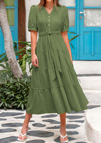 PRETTYGARDEN Women's Midi Dress Casual Short Sleeve V Neck Buttons Belted Ruffle A Line Flowy Dress with Pockets