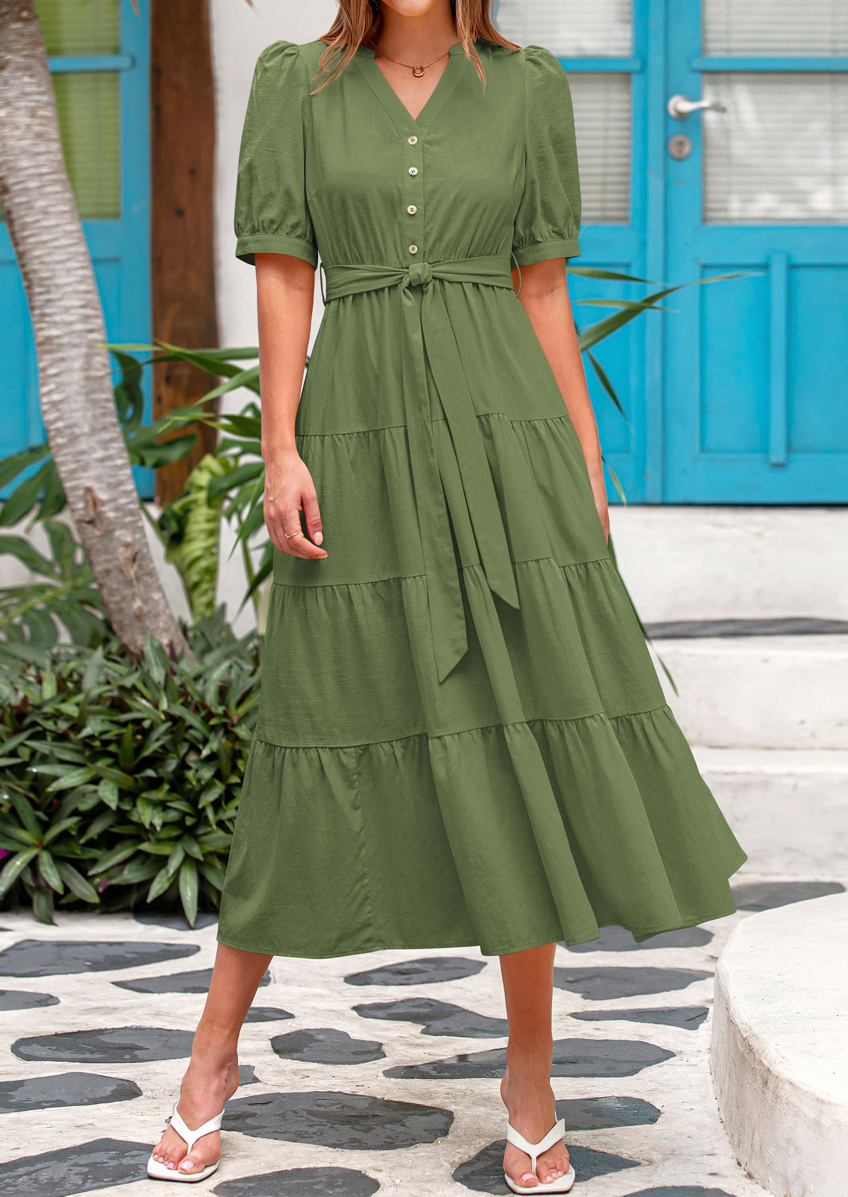 PRETTYGARDEN Women's Midi Dress Casual Short Sleeve V Neck Buttons Belted Ruffle A Line Flowy Dress with Pockets