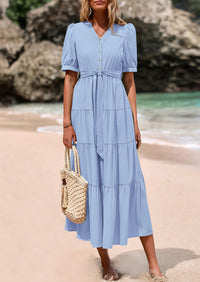 PRETTYGARDEN Women's Midi Dress Casual Short Sleeve V Neck Buttons Belted Ruffle A Line Flowy Dress with Pockets