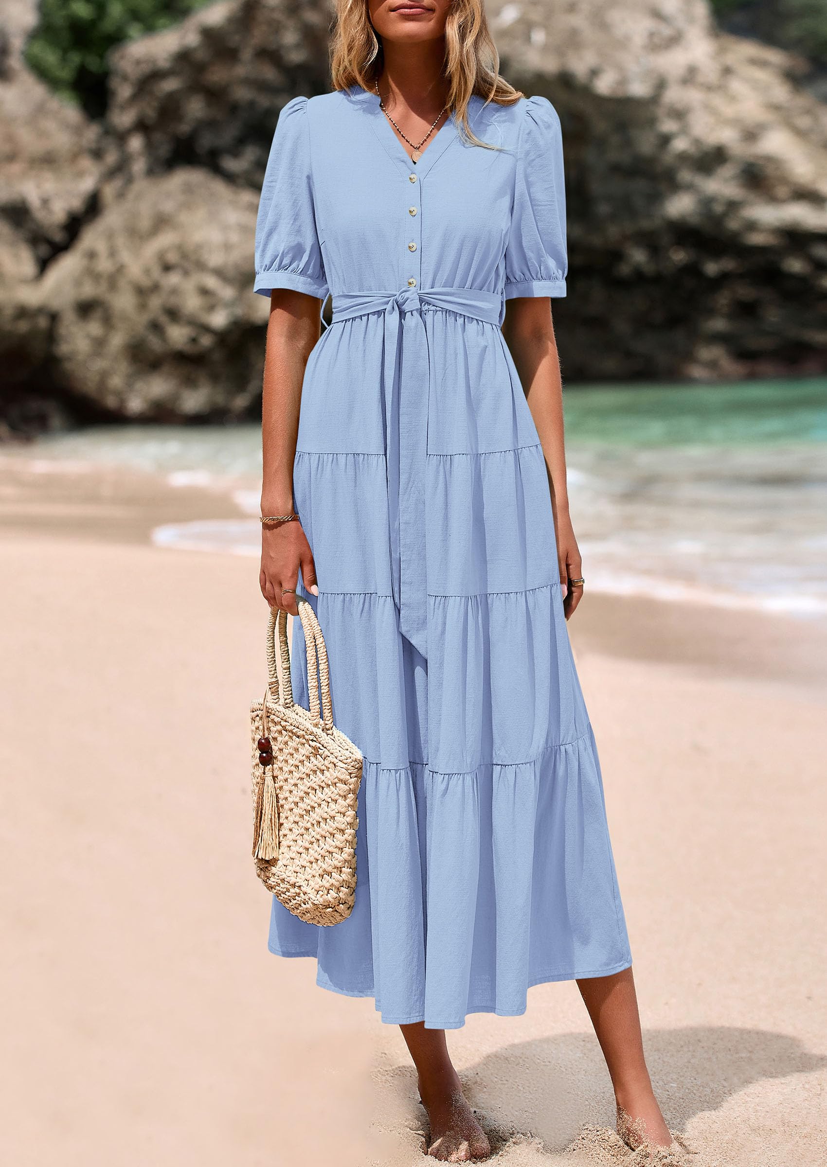 PRETTYGARDEN Women's Midi Dress Casual Short Sleeve V Neck Buttons Belted Ruffle A Line Flowy Dress with Pockets