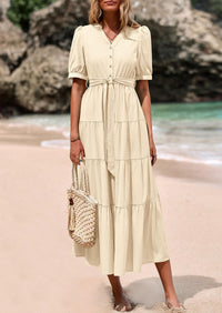 PRETTYGARDEN Women's Midi Dress Casual Short Sleeve V Neck Buttons Belted Ruffle A Line Flowy Dress with Pockets