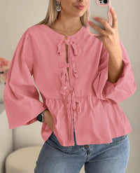 Women's Babydoll Peplum Blouse Shirt Puff Long Sleeve Bow Tie Front Trendy Cute Y2K Going Out Tops