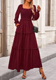 Women's Long Sleeve Smocked Maxi Dress Casual Square Neck Swiss Dot Tiered Ruffle Flowy Pocket Dresses